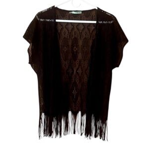 Maurices Black Lace Fringe Boho Kimono Top S/M Sheer Festival Cover Up EUC